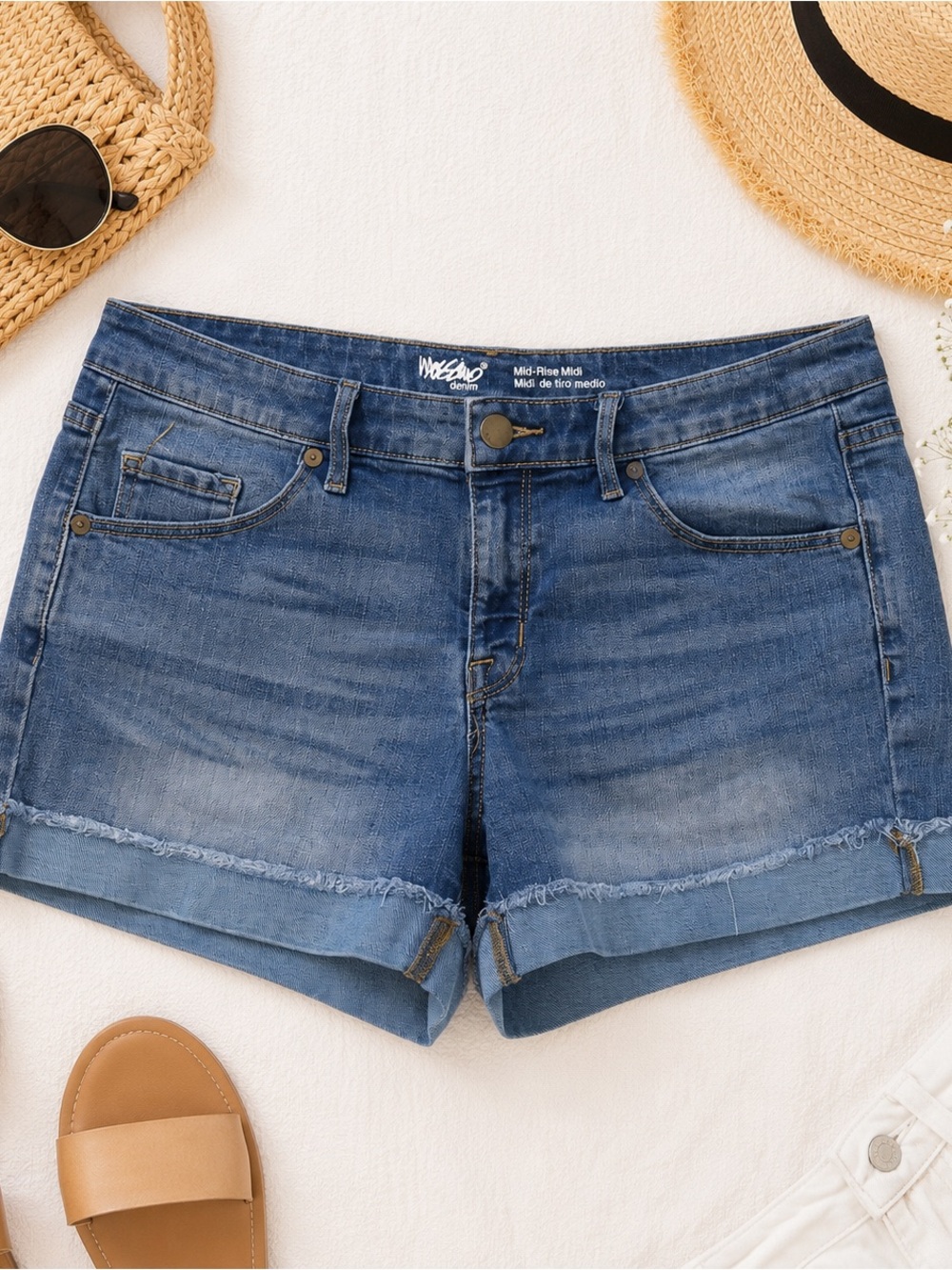 Mossimo Mid Rise Denim Shorts Size 12 Super Stretch Cuffed Frayed Hem